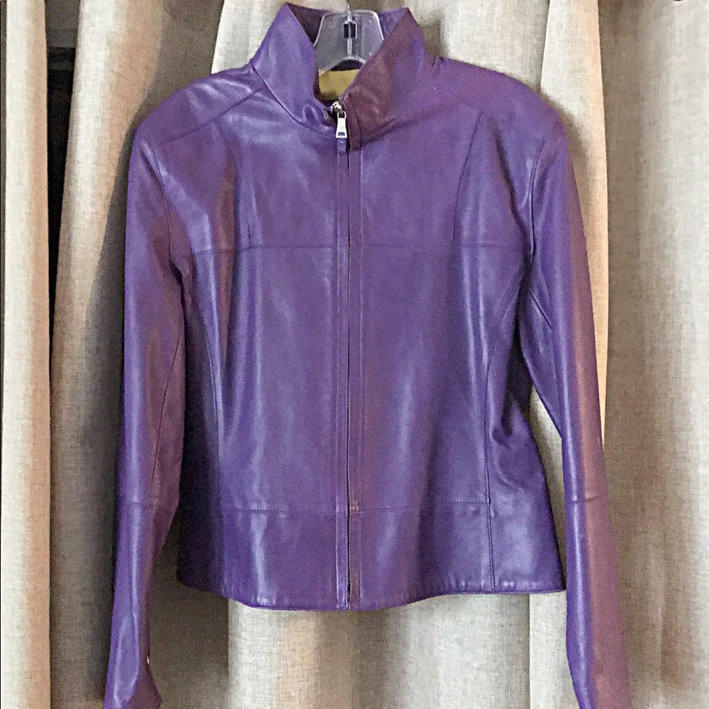 Andrew Marc purple leather bomber jacket